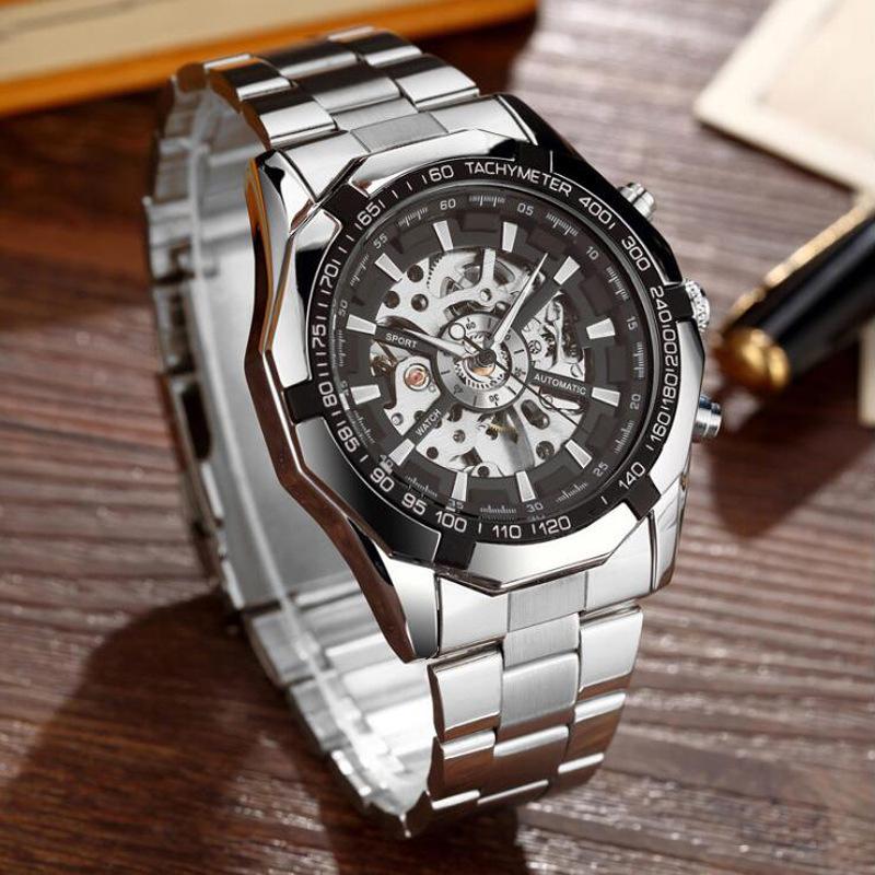 Skeleton Automatic Mechanical Watch Gold Men Watches Stainless Steel Bracelet Sports Luxury Male Clock Chinese Wristwatch AVE