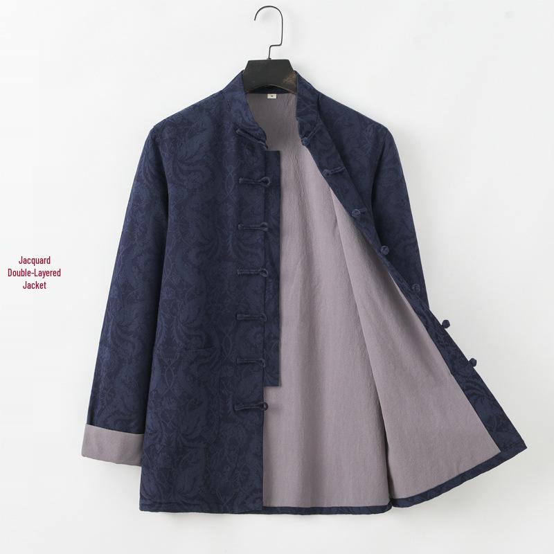 

Men s Retro Jacquard Tang Suit Jacket - Chinese Style with Frog Buttons, Hanfu Zhongshan Design, Double Layer for Tea Ceremony and Casual Wear M темно-синий