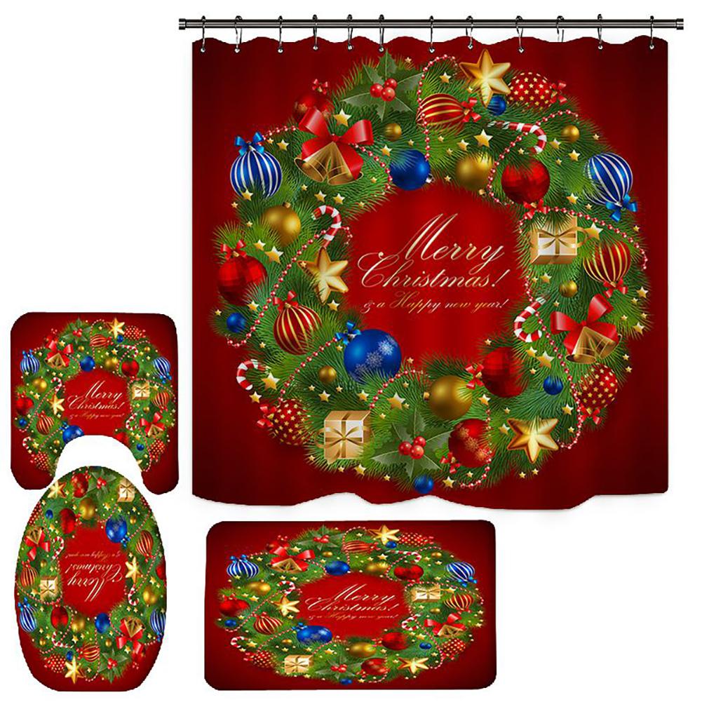Merry Christmas Bathroom 4Pcs Set Snowman Santa Claus Pattern Waterproof Shower Curtain Toilet Cover Mat Non Slip Rug Home Decor