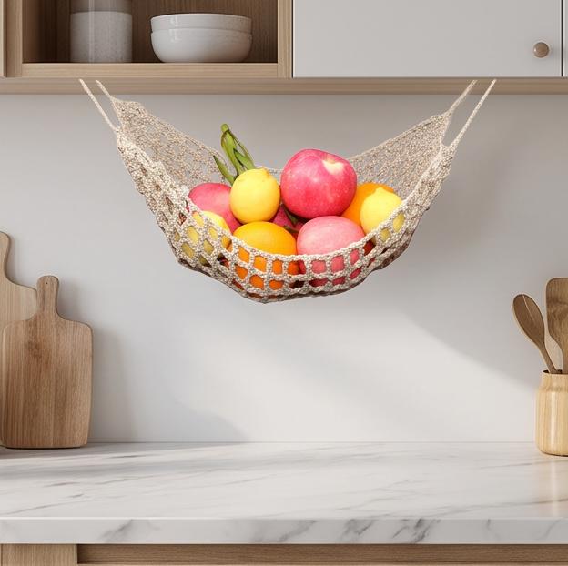 Grote Macramé Fruit Hangmat voor Keuken Onder Kast Hangende Fruitmand met 4 Haken Handgeweven Katoenen Opbergnet Dat Werkbladruimte Bespaart