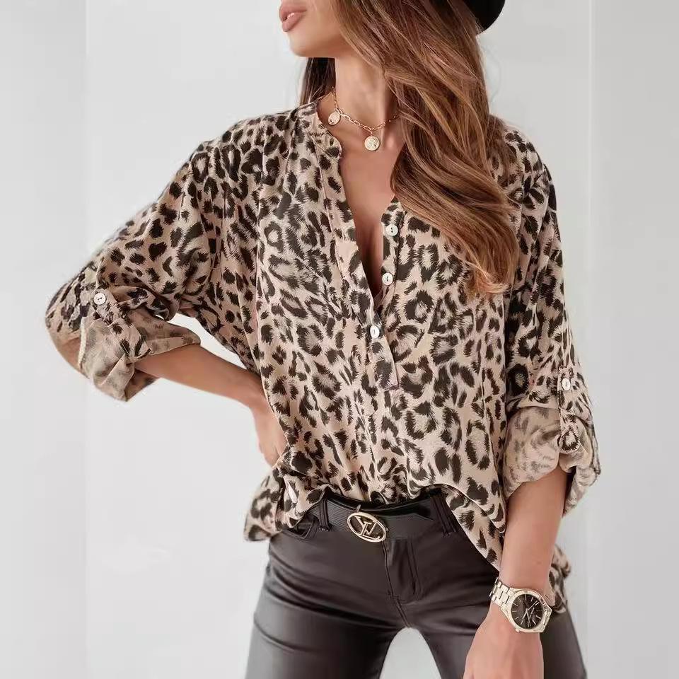 Fashion Leopard Print Women Top Digital Printing Long Sleeve Shirt Loose V Neck Pullover Blouse Bluzas Femeninas Elegantes