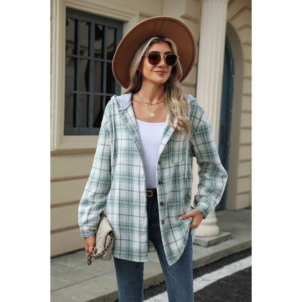 Fall Winter Women's Plaid Color Block Hooded Long Sleeve Loose Wool Coat