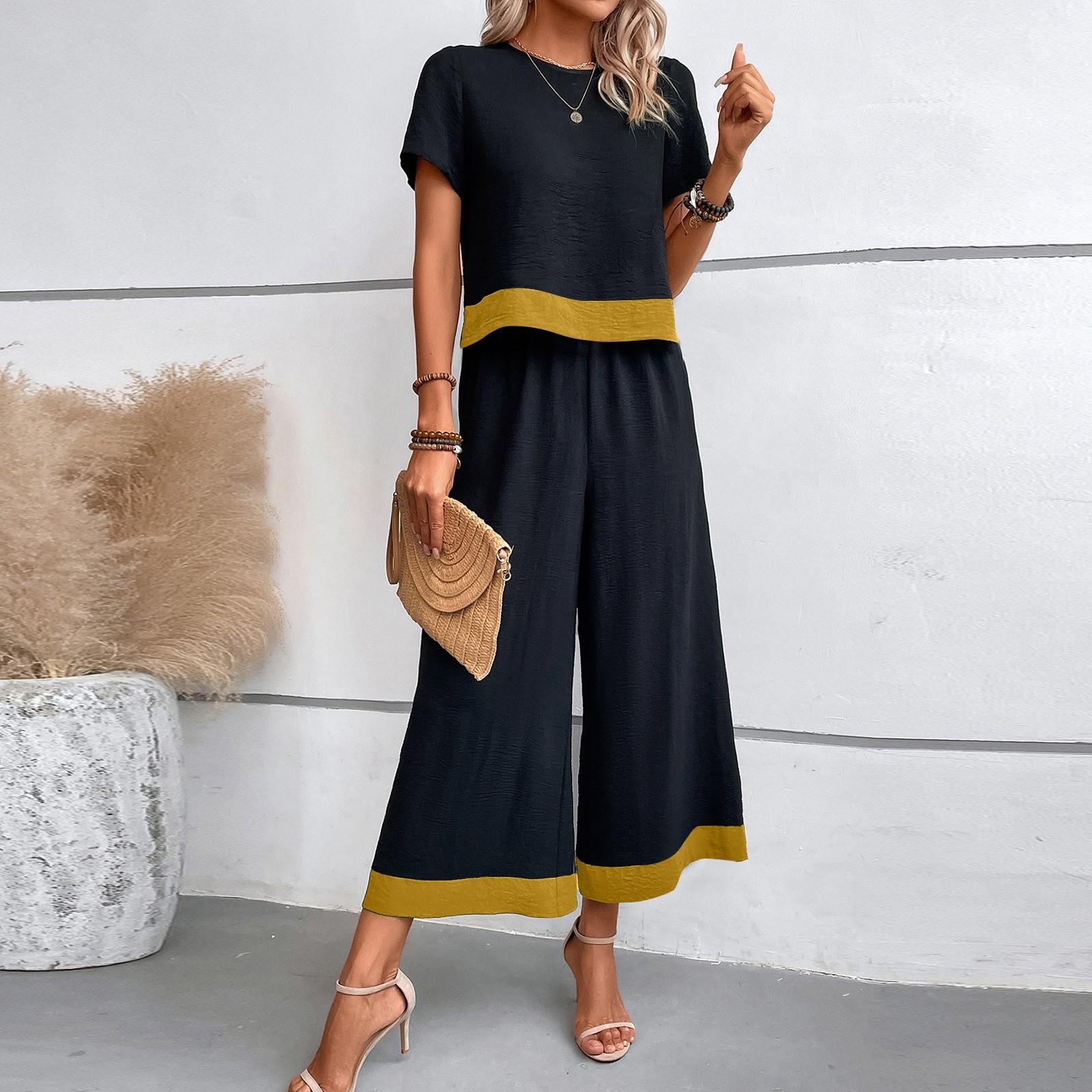 

Женские комплекты из 2 предметов, топы с короткими рукавами и широкими штанами, спортивные костюмы XL жёлтый