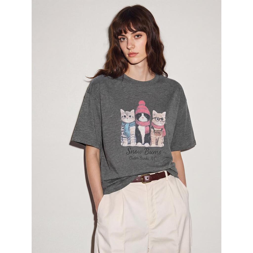 Grey Crew Neck Short Sleeve T-Shirt Women's Summer New Cat Print T-Shirt