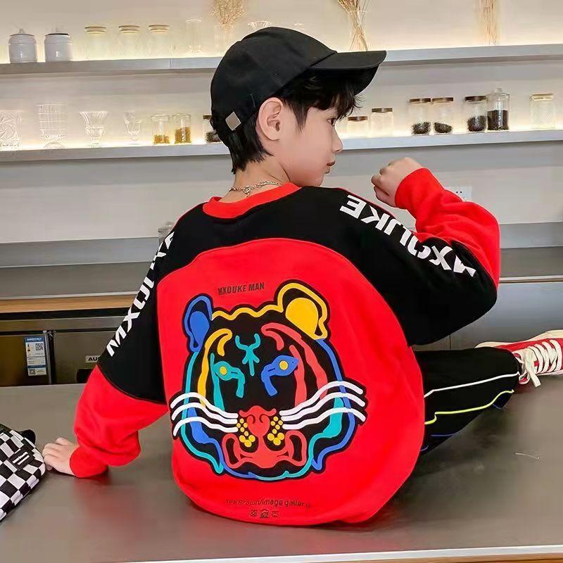 Spring Autumn Boys Round Neck Loose Contrast Cartoon Tiger Sweatshirt School Kids Track Pullover Tops