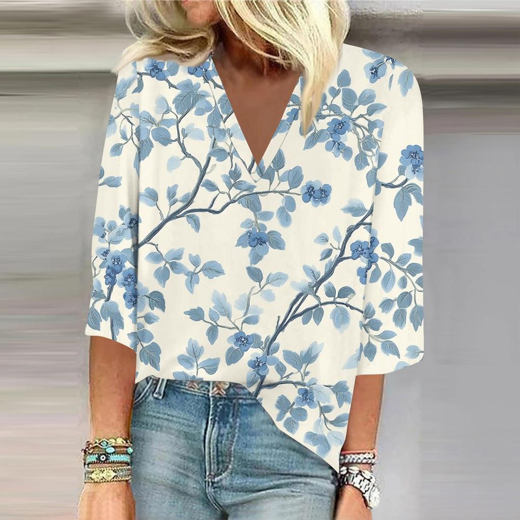 Women's Shirt Blouse Casual Loose Shirts 3/4 Sleeve Print V Neck Tops Print Tops T-shirts Tee