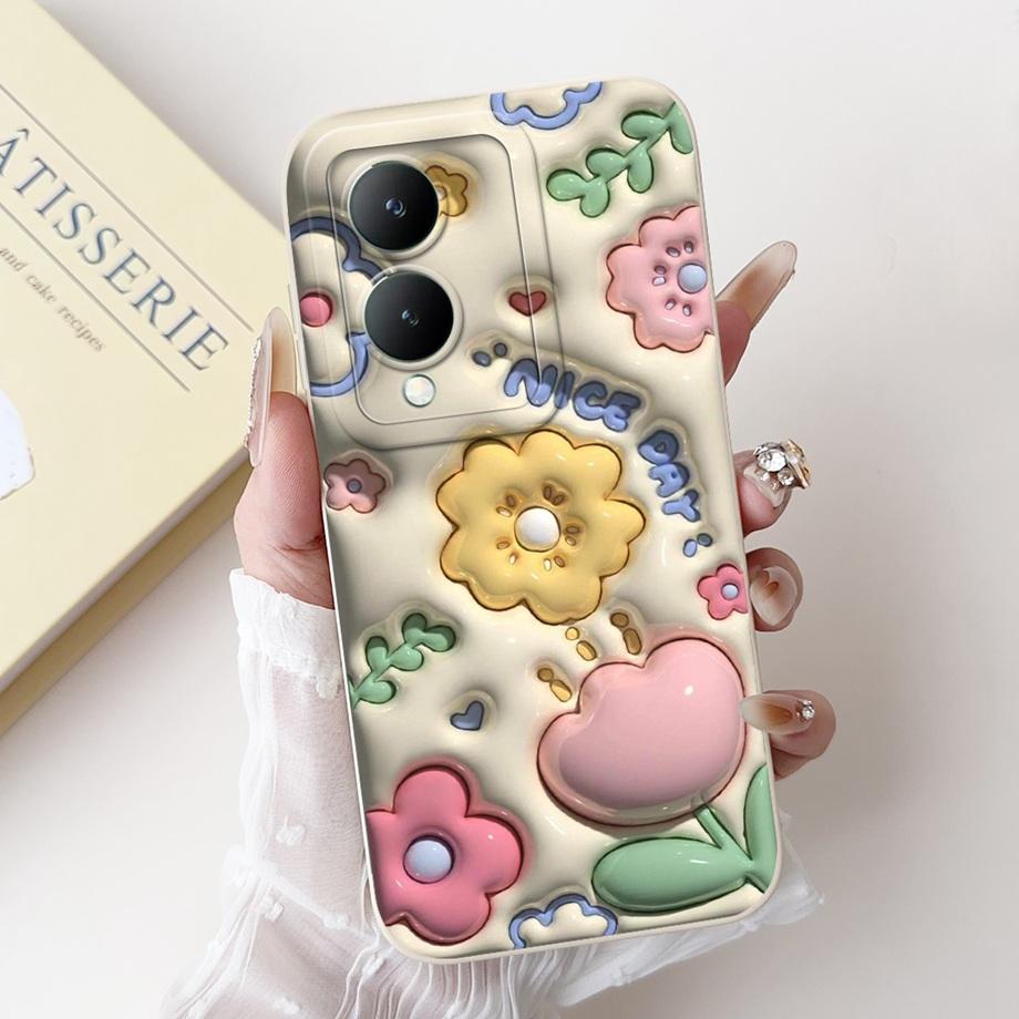 For Vivo Y28 5G Y29 5G V2420 Phone Case Vivo Y17s Y19s V2419 Back Cover Soft Liquid Silicone Pnada Rabbit Flower Cute Fundas
