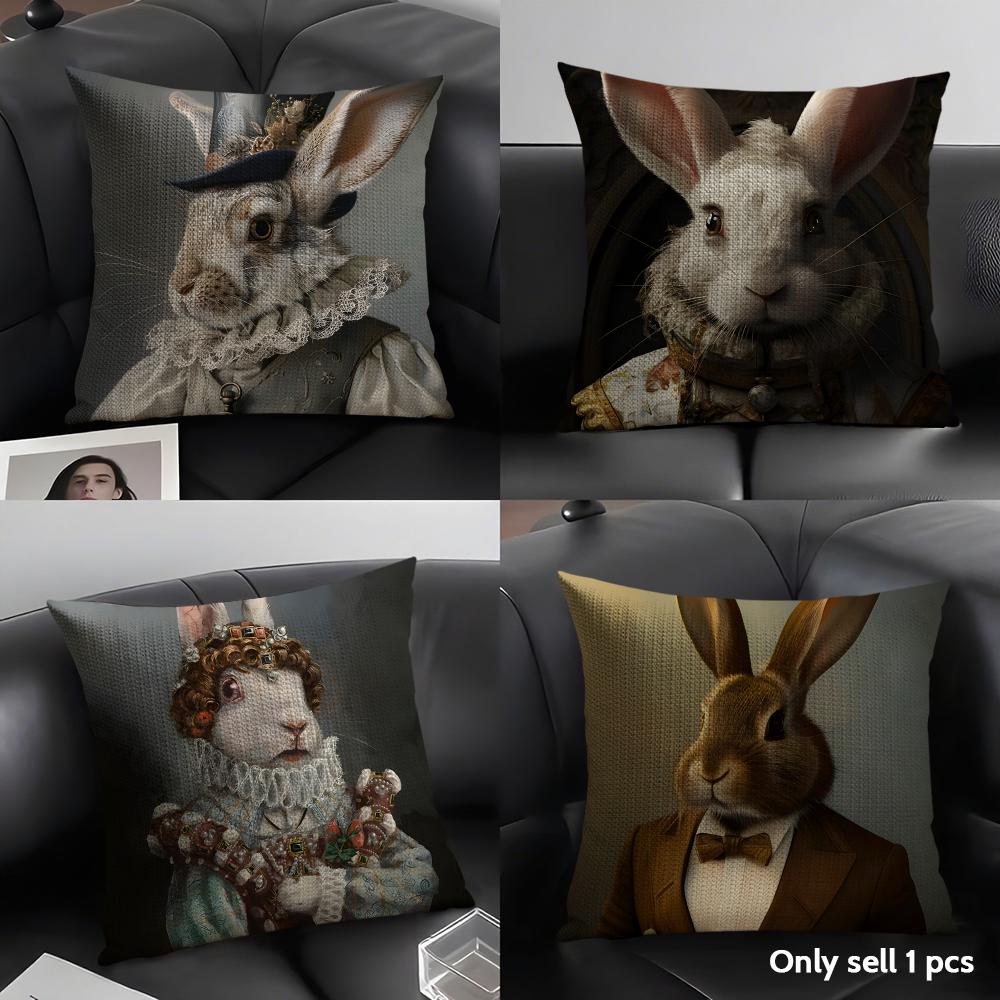 Rabbit Portrait Renaissance Cushion Cover Natural Linen Organic Fabric Double-Sided Printing Sofa Home Decor Gift Pillow Case