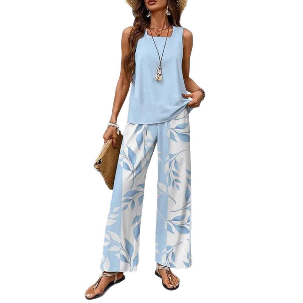 Women's Casual Square Collar Pullover Vest with Long Pants, Digital Printed Women's Two-piece Set