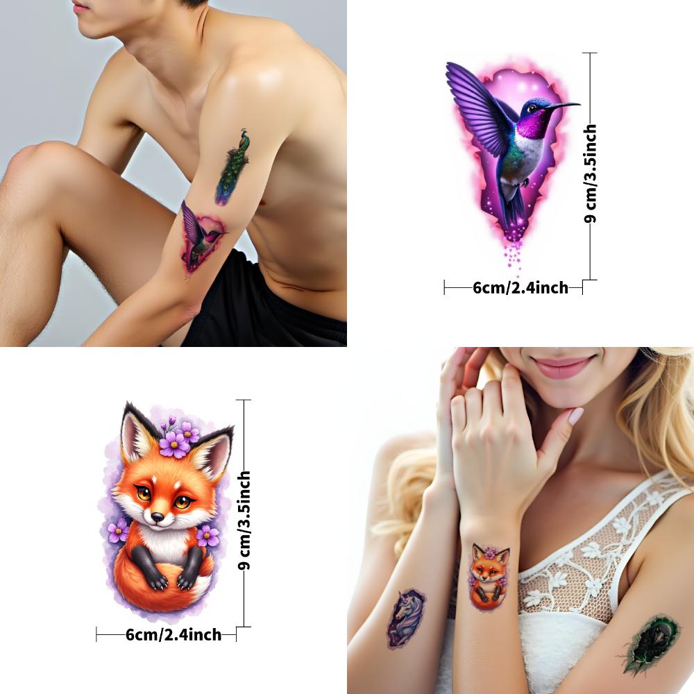 9pcs Temporary Tattoo Colorful Realism Crow Chameleon Fox For Women Adults Shoulders