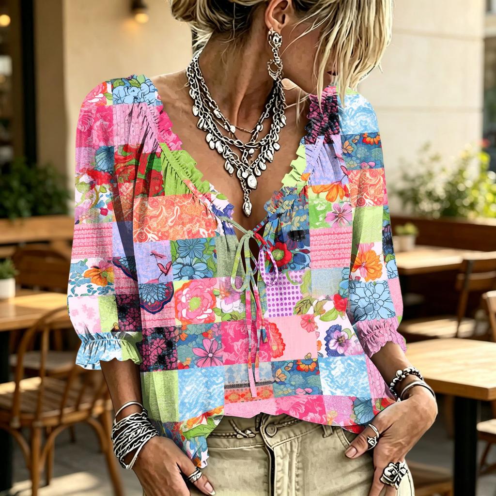 Women's Casual V-Neck Printed Tie Ruffle Blouse for Everyday Wear