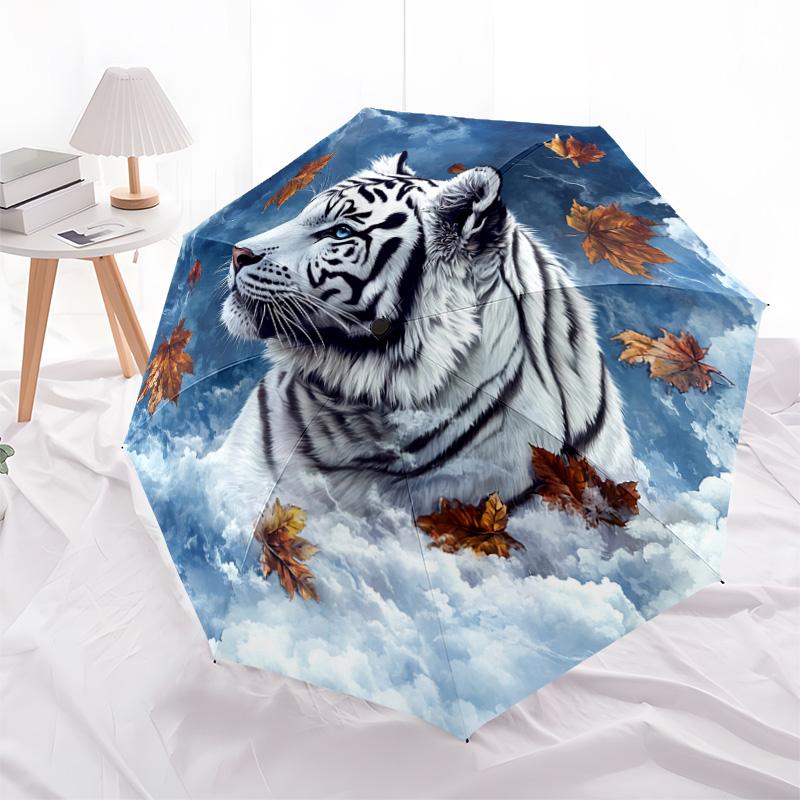 1 PC Automatic Folding Umbrella - White Tiger with Falling Leaves Pattern, Portable & Foldable Design with 8 Ribs, Christmas Birthday Gifts