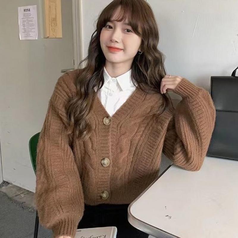 V-neck Twist Sweater Women's Loose Short Autumn and Winter Japanese Style Lazy Cardigan Top for Small People