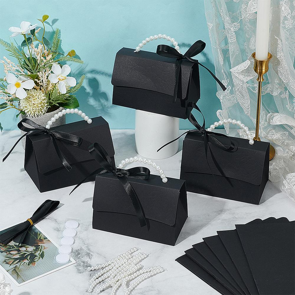 16sets Foldable Paper Wedding Candy Totes with Plastic Imitation Pearl Round Beaded Handle and Ribbon Handbag Shape Black