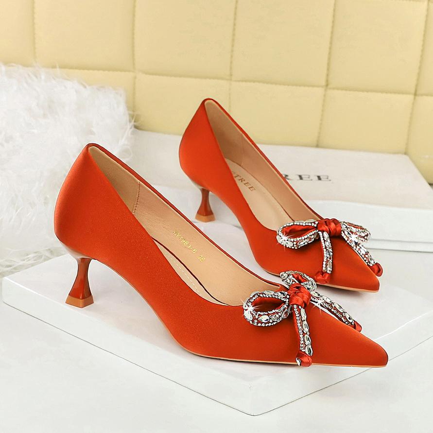 Water Diamond Bow Pointed, Thin Heel, Silk Heel, Single Shoe, Wine Glass Heel, Women's Single Shoe