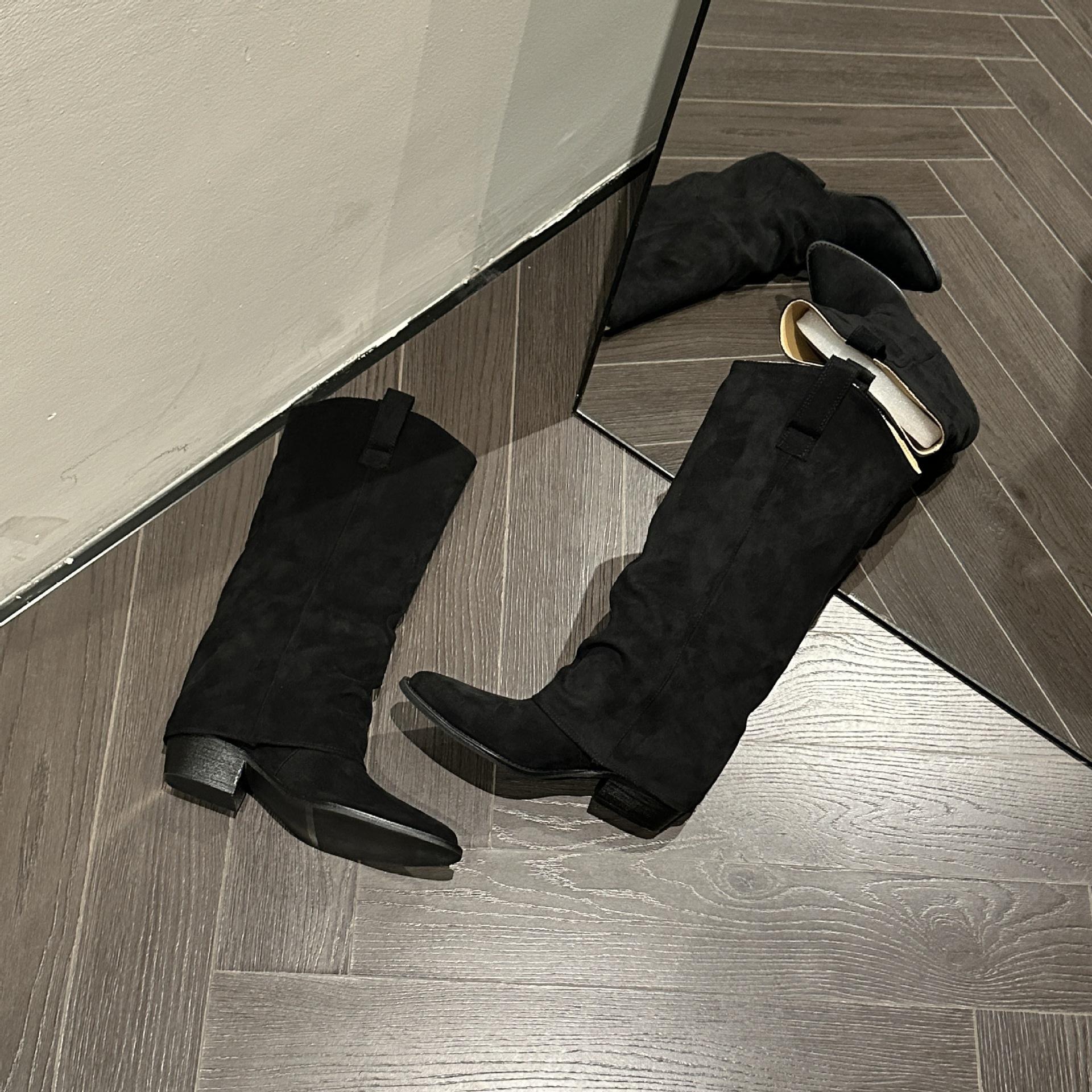 Pants boots but knee long boots women s boots middle heel 2025 spring and autumn new pointed thin boots thick heel fashion boots women 35