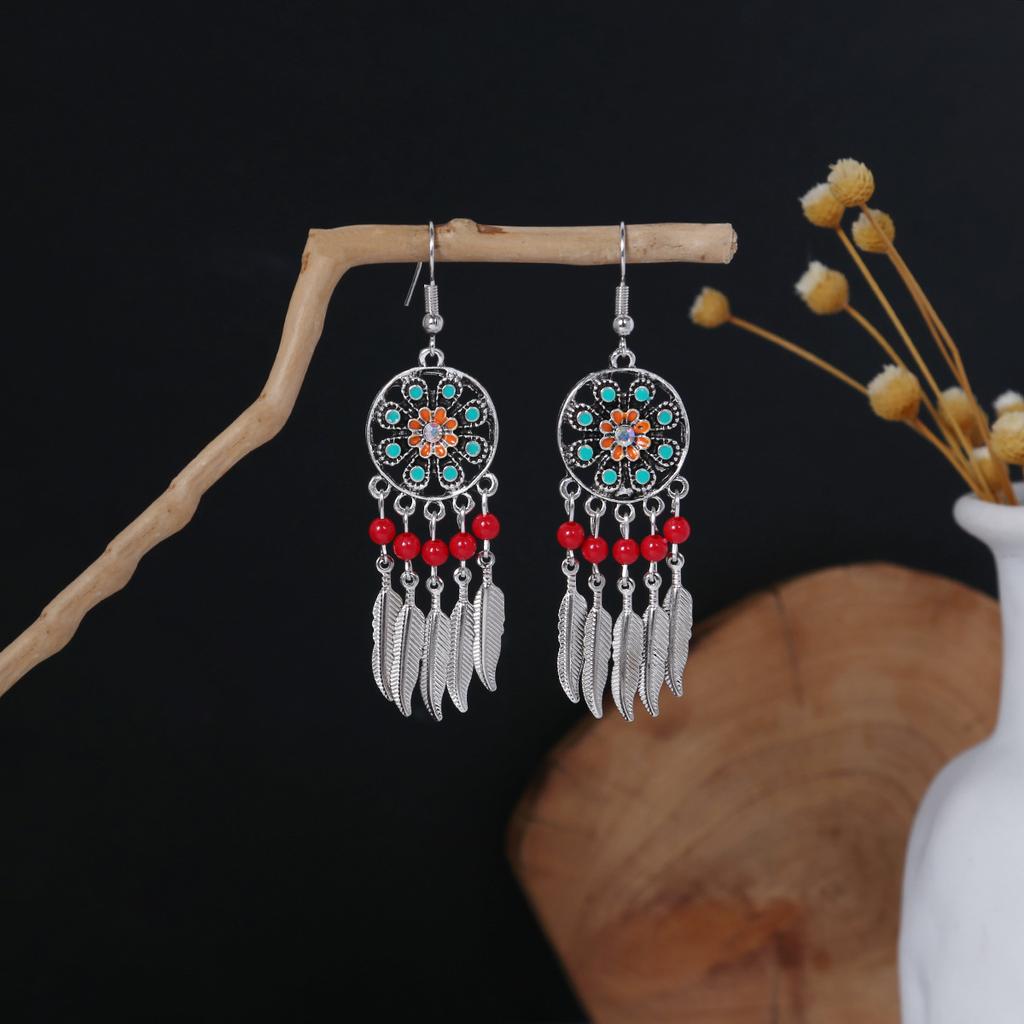 Bohemian Ethnic Style Oval Earrings, Retro Tourist Attractions Ethnic Minority Fringed Beaded Earrings