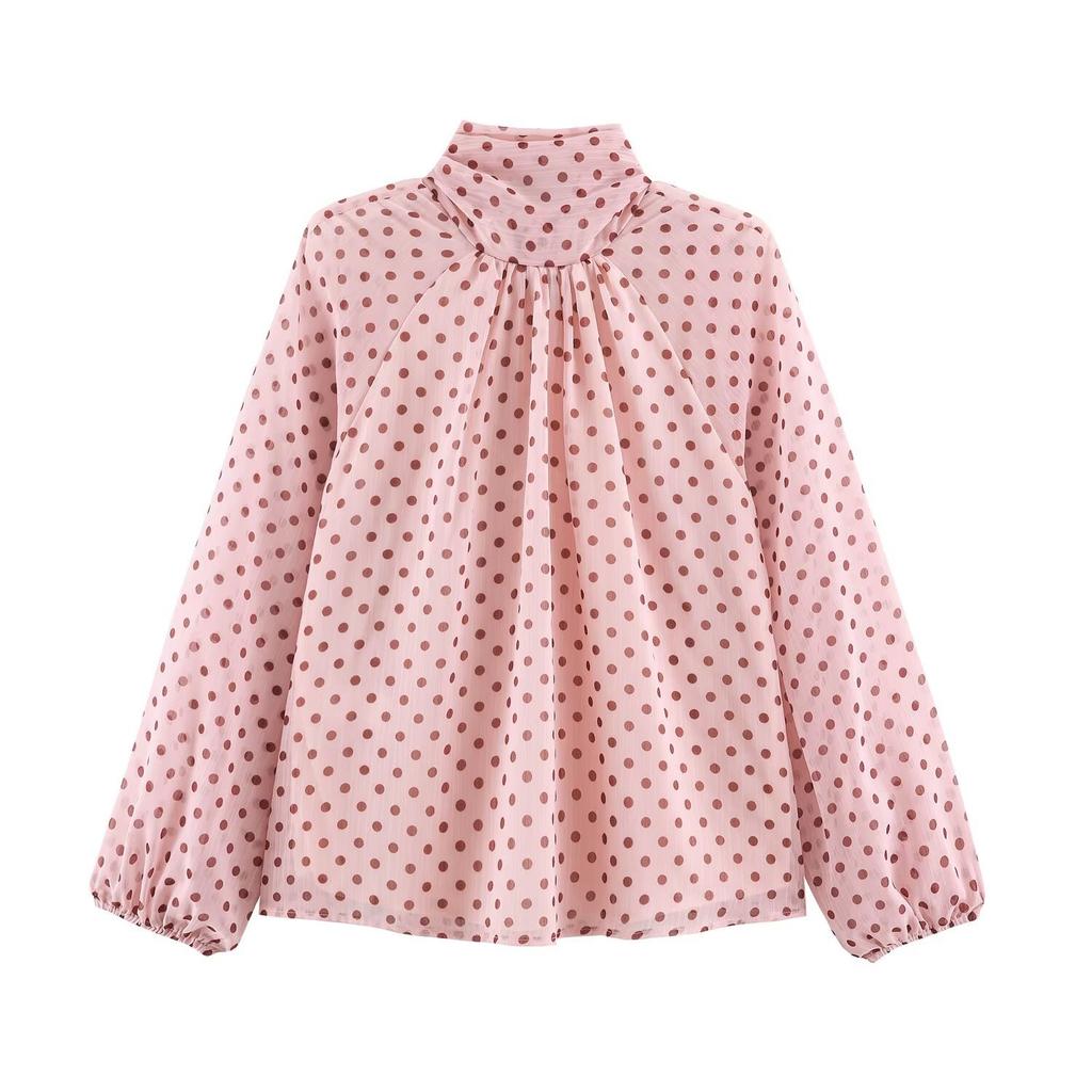 European and American women's clothing ins style 1116 summer scarf collar polka dot printing contrasting bottoming shirt inner shirt women