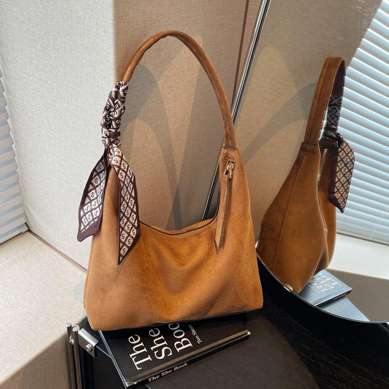 Retro Soft Pu Leather Women Shoulder Underarm Bags With Silk Scarf Casual Solid Color Ladies  Shoulder Bags