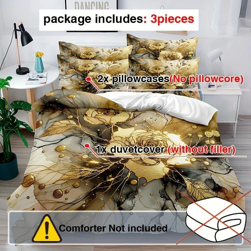 3pcs Marble With Golden Rose Duvet Cover Set, Marbling Flower Print Quilt Cover With Pillowcase