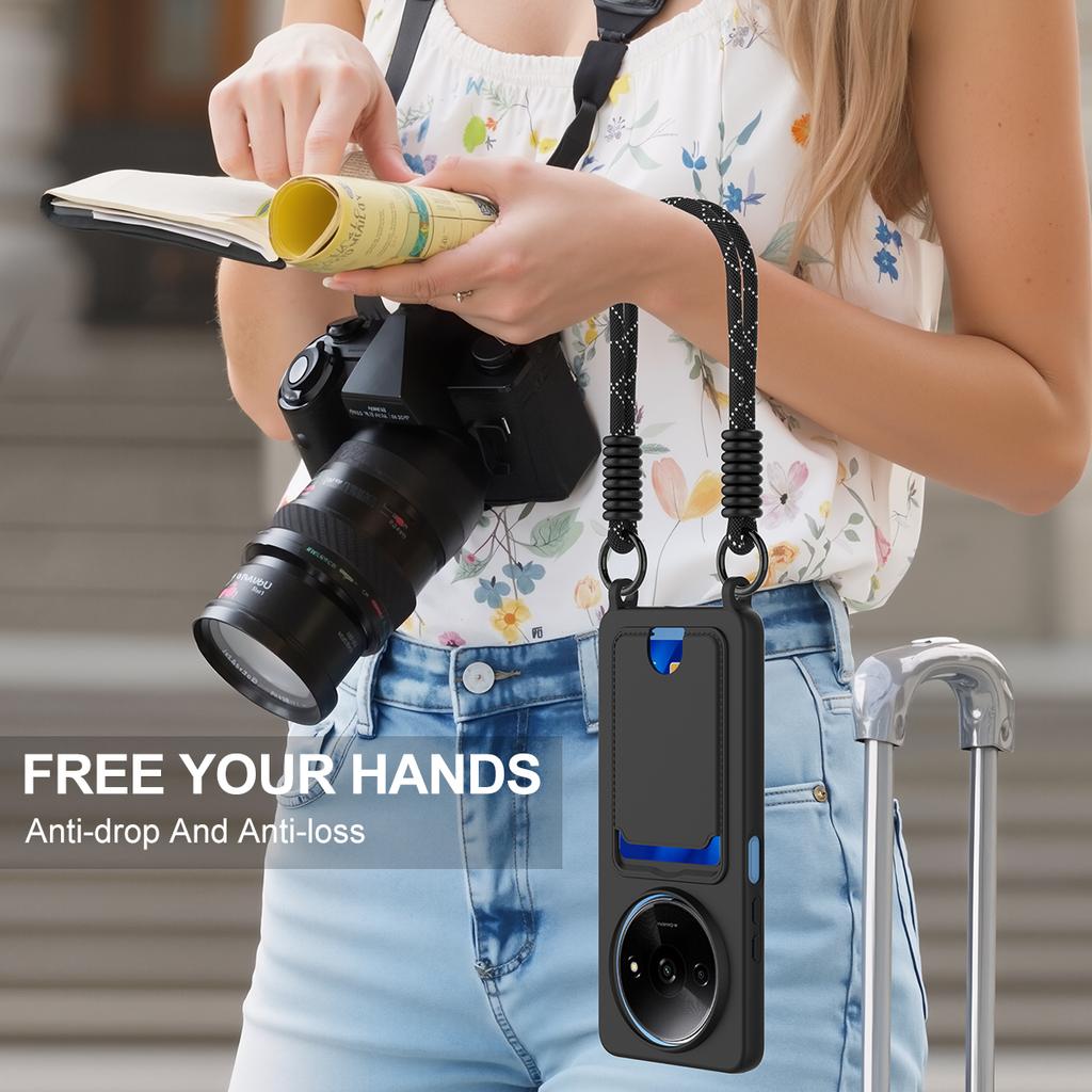 Liquid Silicone Case For Xiaomi Redmi A3 4G/A3x 4G/Poco C61 4G Card Holder Phone Back Cover with Short Strap