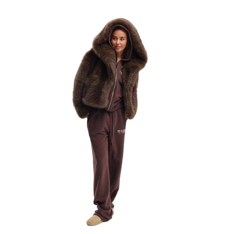 Women Thickened Hooded Brown Faux Fox Fur Winter Warm Coat