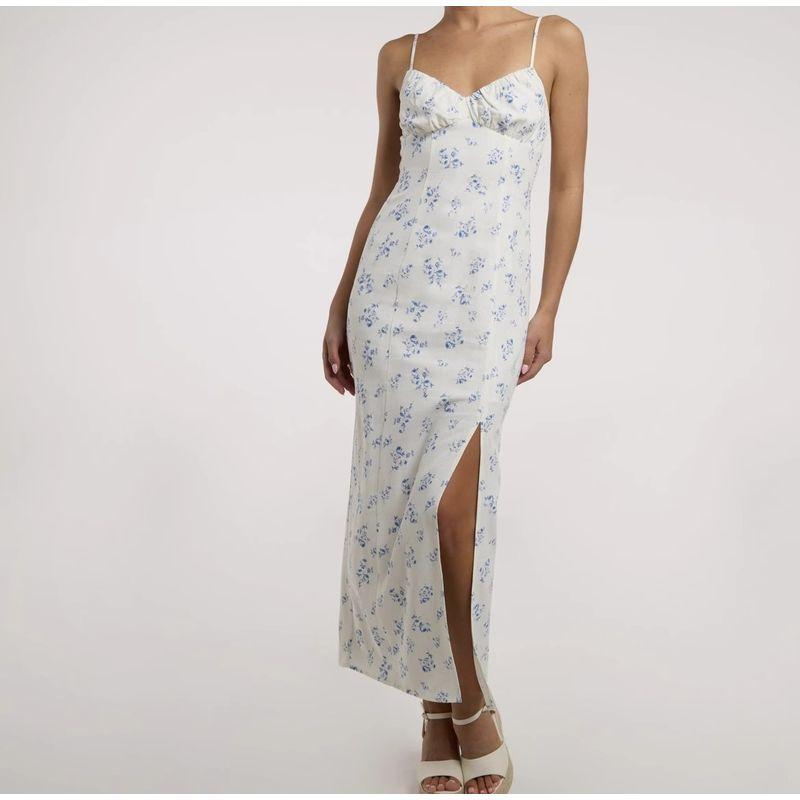 

Заказ для внешней торговли Леди Темперамент Элегантный Красивый Летний Новый Пасторальный Стиль Слинг Принт Лен Разрез Комбинезон Длинное платье Blue and White Flowers L(40)