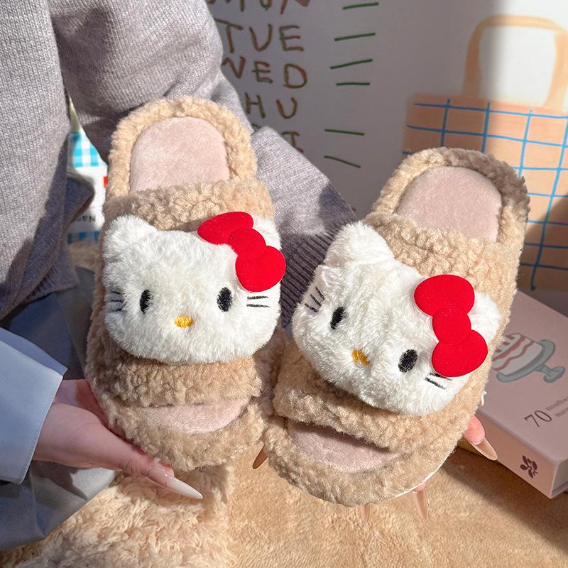 Autumn and Winter Cute Cartoon Plush Warm Home Indoor Cotton Slippers Women's One-word Non-slip Fluffy Slippers Women's Winter
