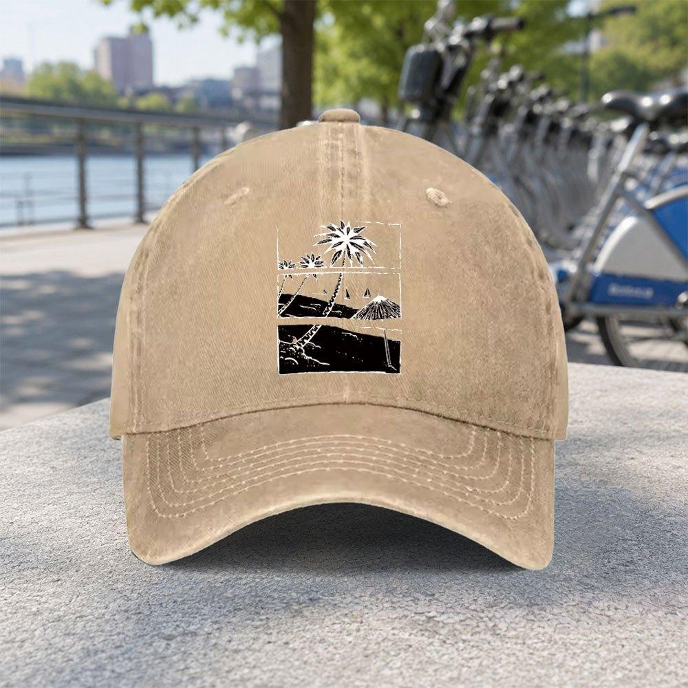 Unisex Washed Baseball Cap With Coconut Tree Beach Scenery Casual Duckbill Hat For Travel Fishing Camping Sports