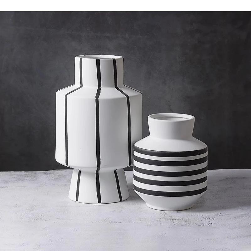 Black and White Striped Ceramic Vase Desktop Ornaments Flower Arrangement Living Room Aesthetic Decoration