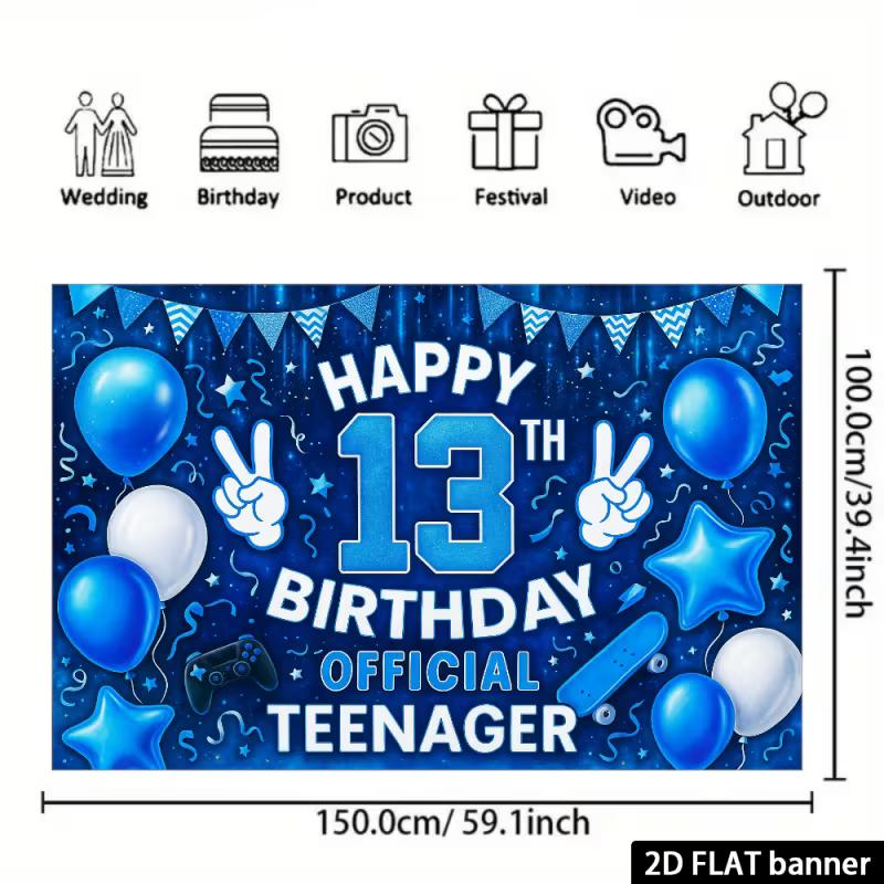 2D Kulisse zum 13. Geburtstag für Jungen - Skateboard & Ballon Banner für offizielles Teenager Fotoshooting