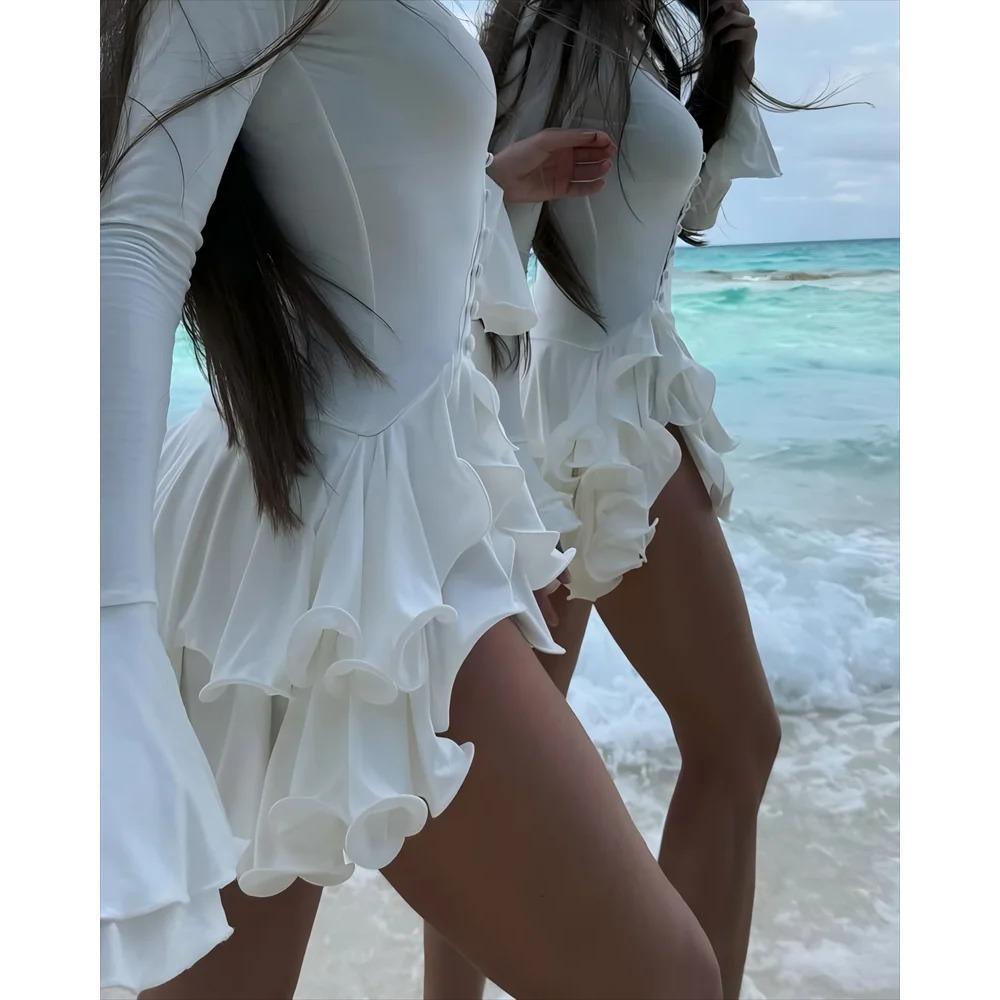 Dámské áčkové bodycon mini šaty s volánovým lemem, výstřihem do V, asymetrickými knoflíky, dlouhým rukávem, krátké šaty, párty, streetové oblečení