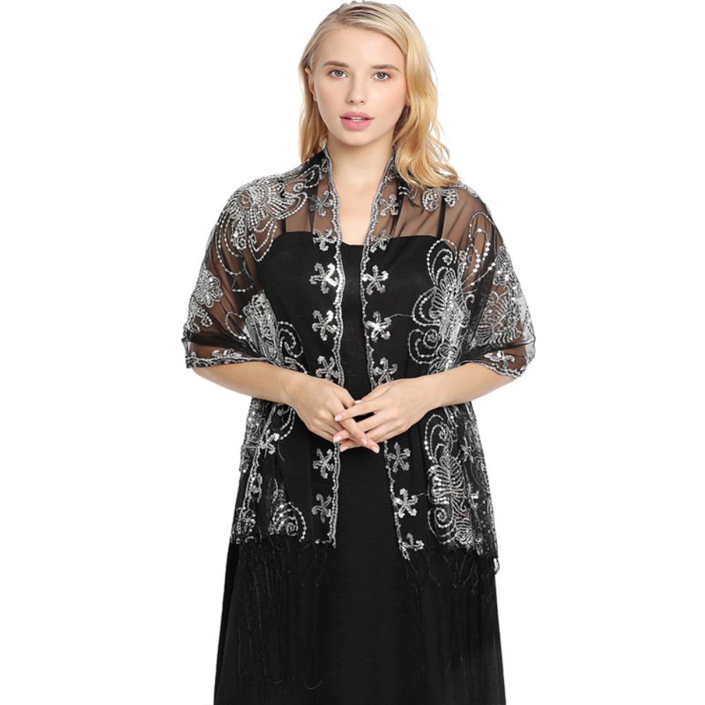 Women Evening Dress Wedding Shawl Solid Color Tassel Party Shawl Scarf Sequined Flower Chiffon Silky Scarf