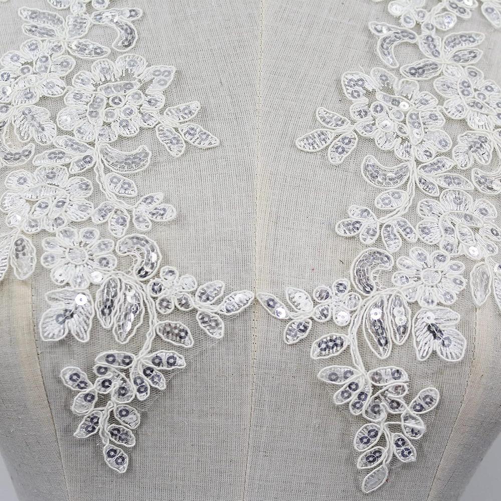 1Pair White Black Applique Flower Sequins Lace Fabric Patch For Garment Wedding Accessories Cloth DIY Reapir Craft