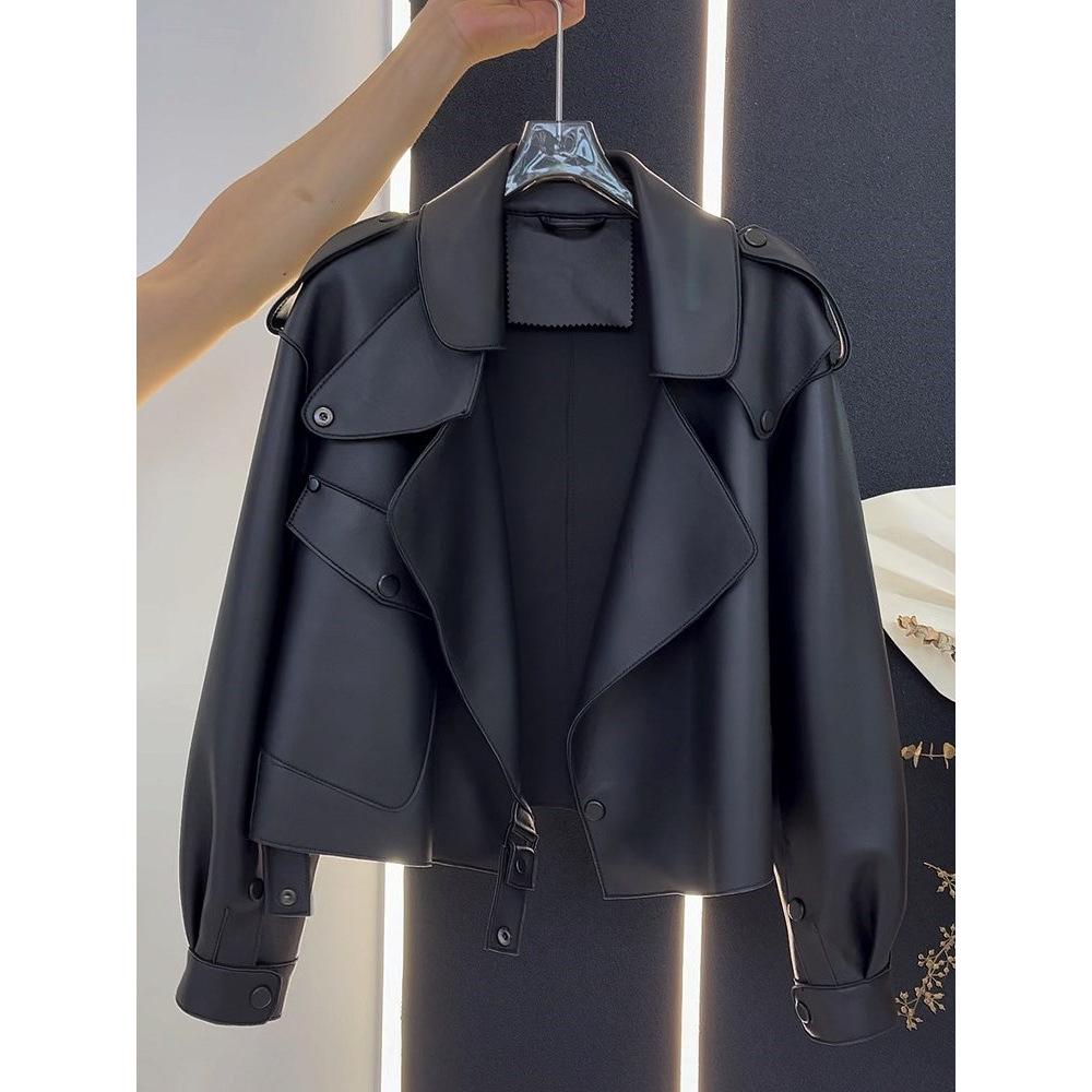 2025 Spring/Autumn Petite Women's Retro Black Leather Motorcycle Jacket