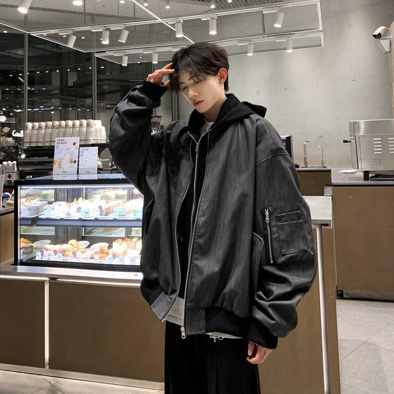 Men's Retro Faux Two-Piece Hooded Leather Jacket - Trendy Spring/Autumn Motorcycle Workwear