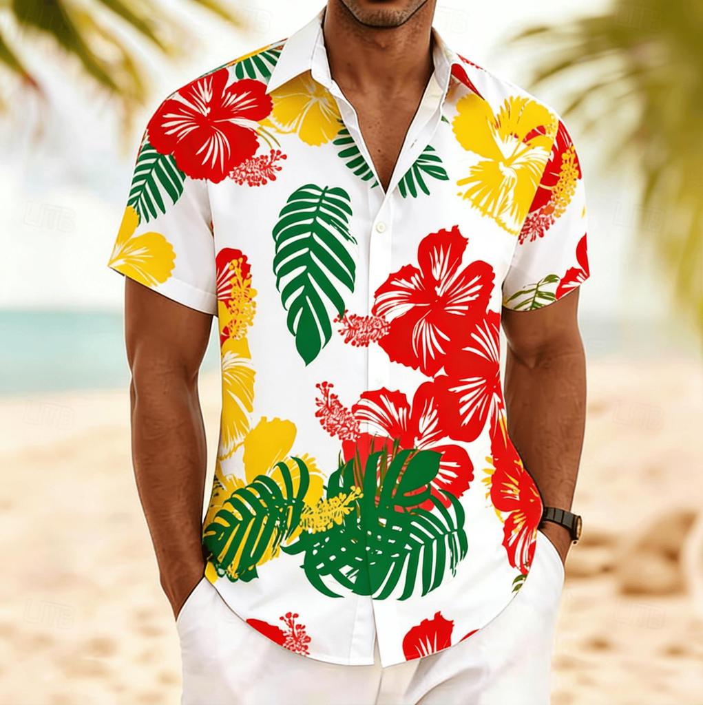 Men's Hibiscus Tropical Print Short Sleeve Shirt, Spring Summer Vibrant Hawaiian Vacation Blouse, Loose Casual Top