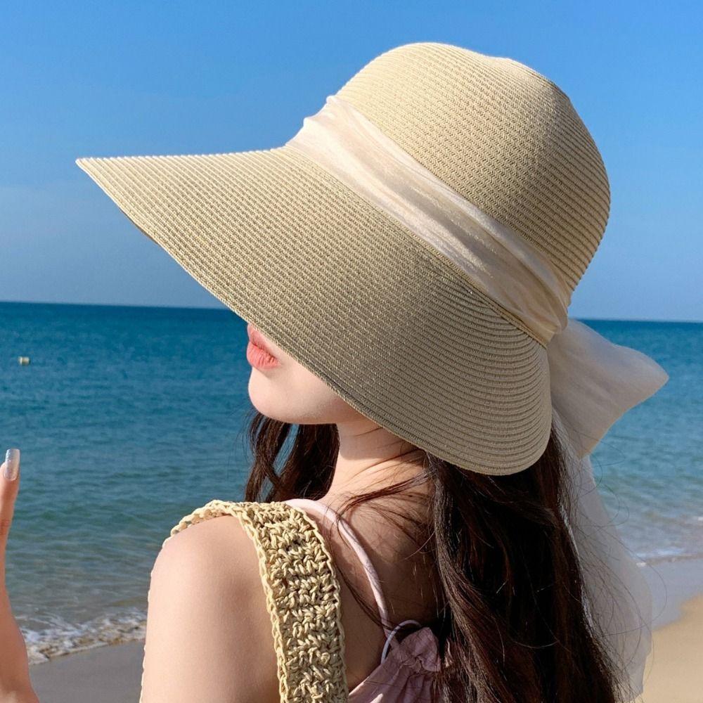 Foldable Lace Brim Sunshade Cap Wide Brim Sun Protection Cap Vacation Straw Sun Hat  Beach