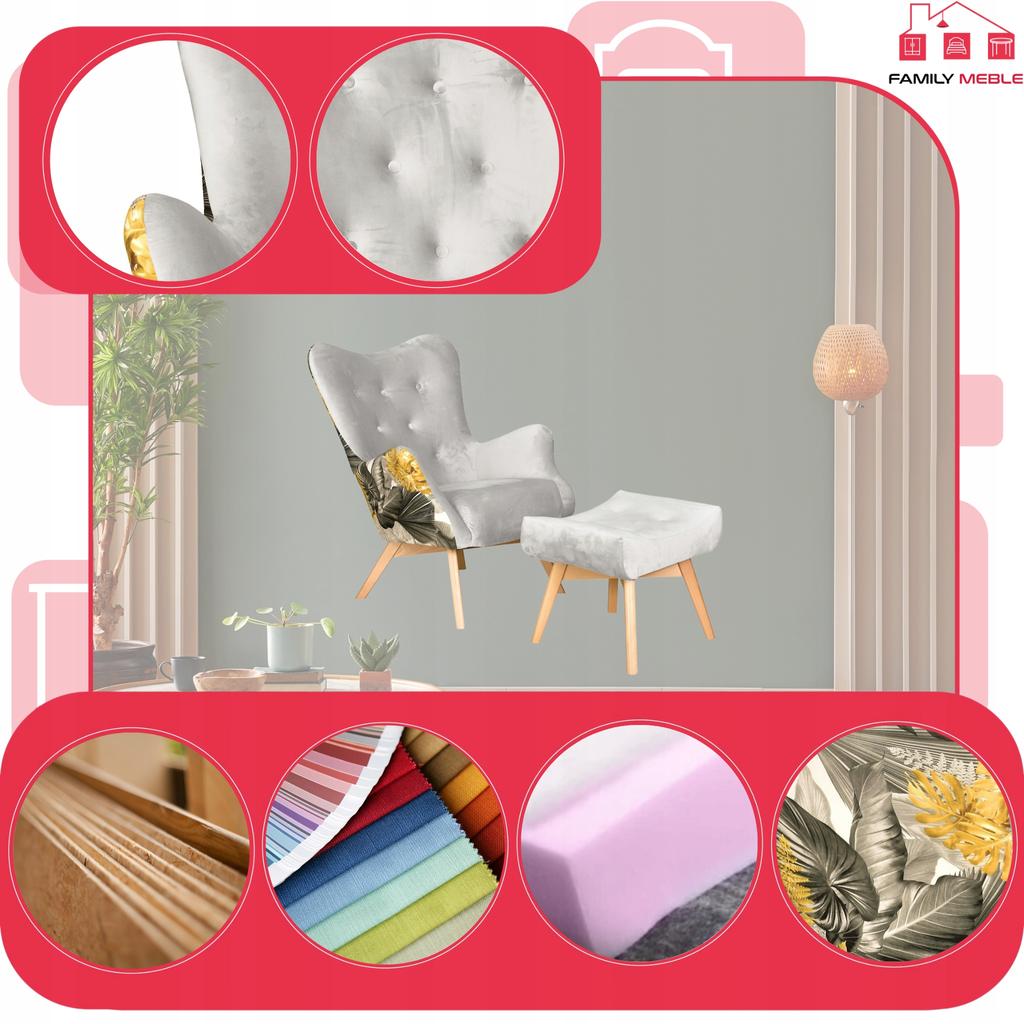 Fotel z pufą skandynawski uszak Luna Print Duo podnóżkiem Family meble szary