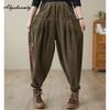 Korean Fashion Herbst Frühling Frauen Harem Hosen Hohe Taille Schwarz Khaki Beiläufige Lose Hosen Vintage Patchwork Baumwolle Cord Capris