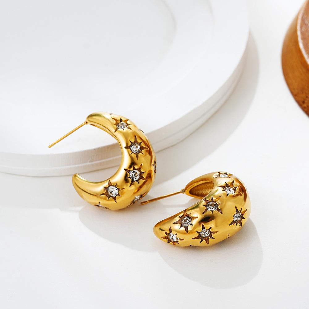 Stainless Steel 18K Gold with Diamonds Octagram Moon Stud Earrings Atmospheric Premium Earrings Earrings