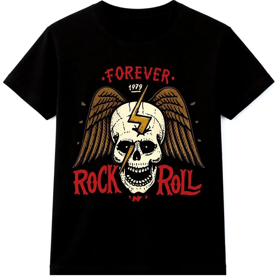 Rock and Roll T Shirt Skull Wings Lightning Bolt Vintage Punk Metal Graphic Tee L