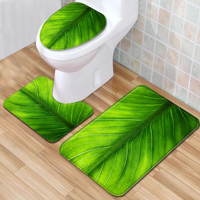 Toilet Three-Piece Bathroom Decorative Floor Mat Doormat Combination Water Drop Green Leaves Natural Scenery