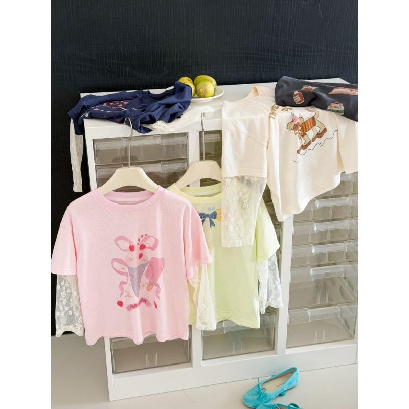 Girls Sweet Korean Style Fake Two Piece Lace Patchwork Short Sleeve T Shirt
