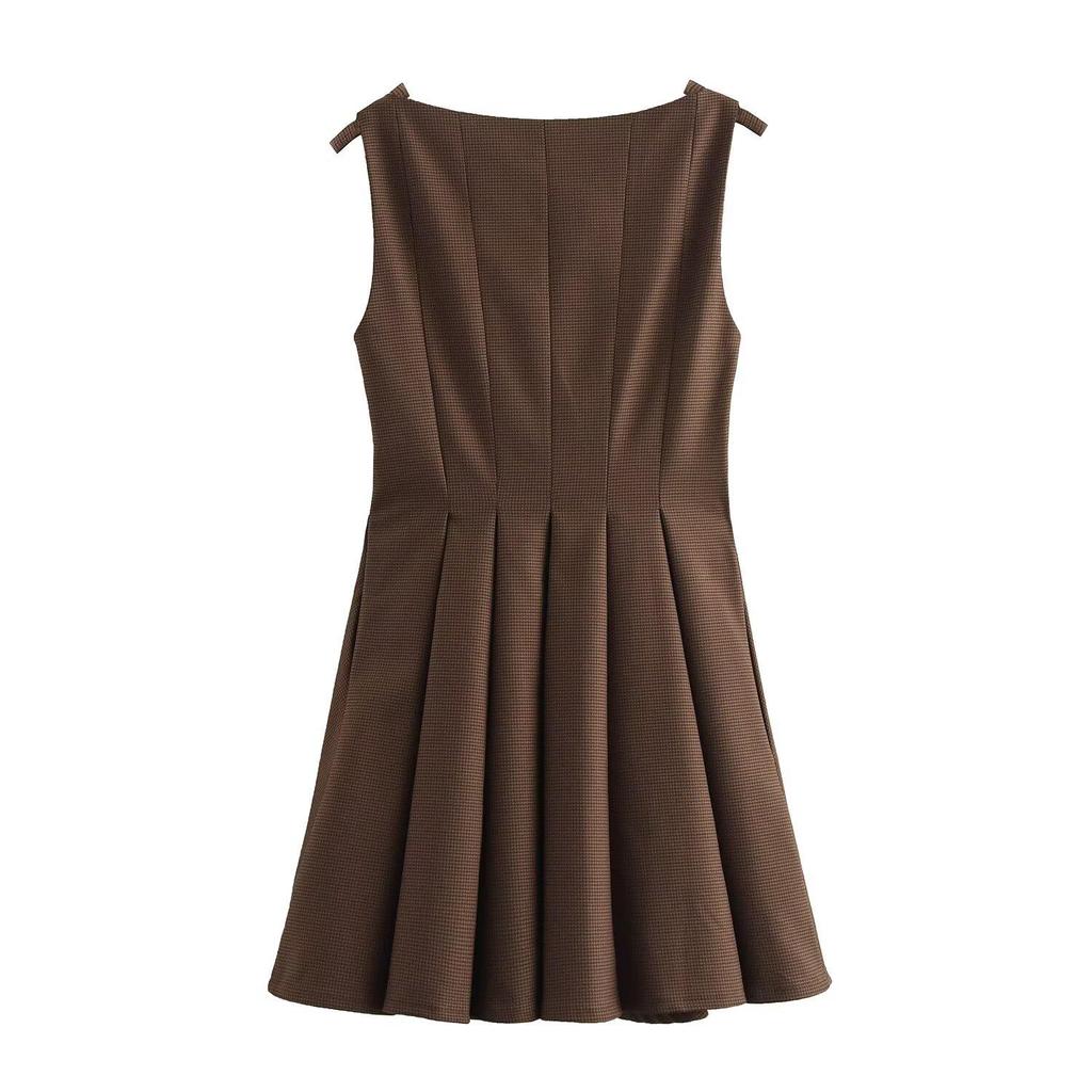 Retro kostkované jednodílné šaty na ramínka s mašlí - Evropský a americký styl