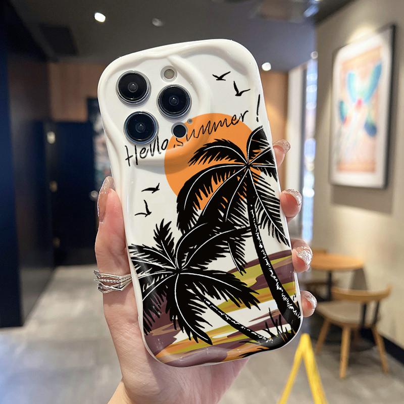 

Кремовый волнистый изогнутый силиконовый глянцевый мягкий чехол с принтом заката и кокосовой пальмы, задняя крышка мобильного телефона для iPhone, Samsung, Xiaomi Redmi Note 13 5G белый