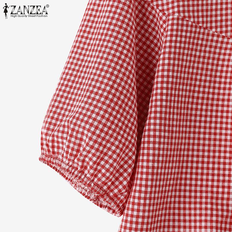 ZANZEA Women Casual Crew Neck Half Sleeve Grid Printed Blouse
