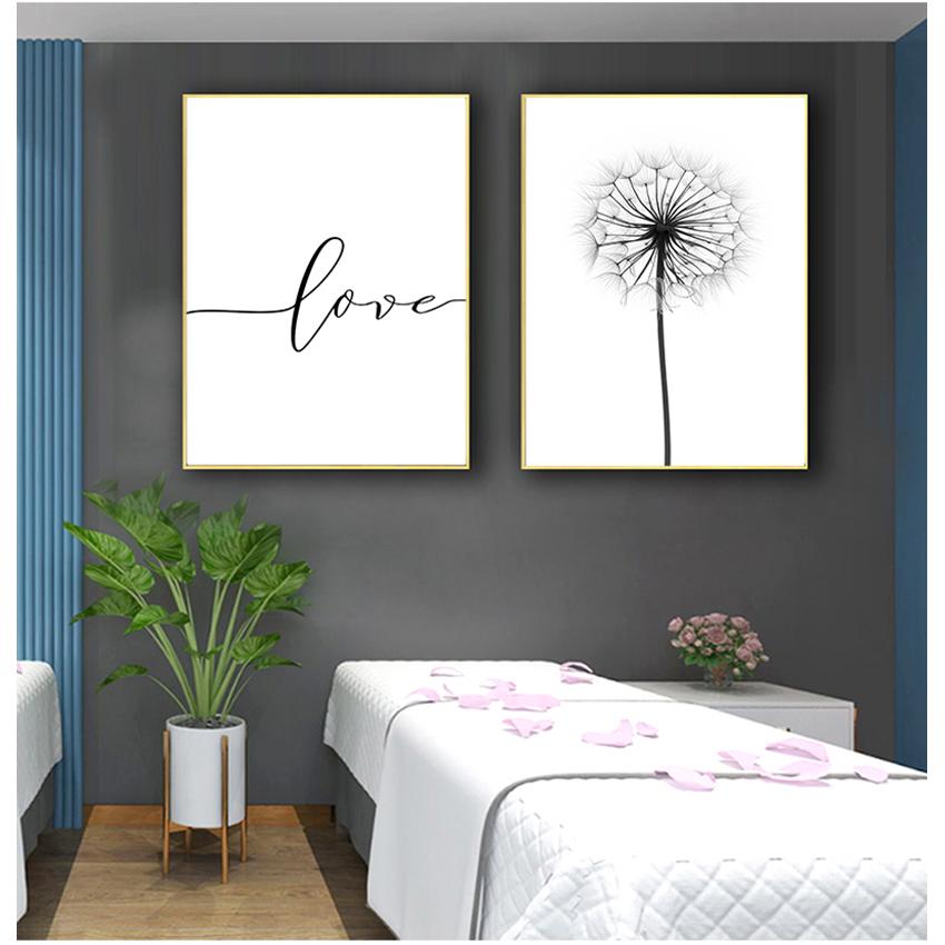 Home Picture Wall Decoration Black and White Dandelion Feathers and Print Letter Love Wall Art Canvas Painting