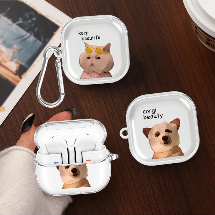 Clear Earphone Cases Cover With Hook Case For Samsung Galaxy Buds 4Pro 2 2Pro 3Pro Live 3 FE 4 Pro Funny Cat Dog Pattern
