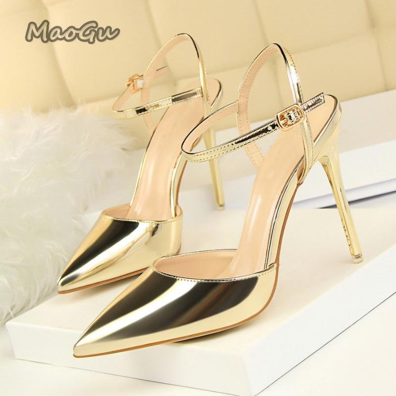

Fashion Fashion Sandals Women 2025 Patent Leather High Heels Women Sandals Summer Heeled Sandals Pointed Toe Women Pumps Sandale Femme 34 золотой